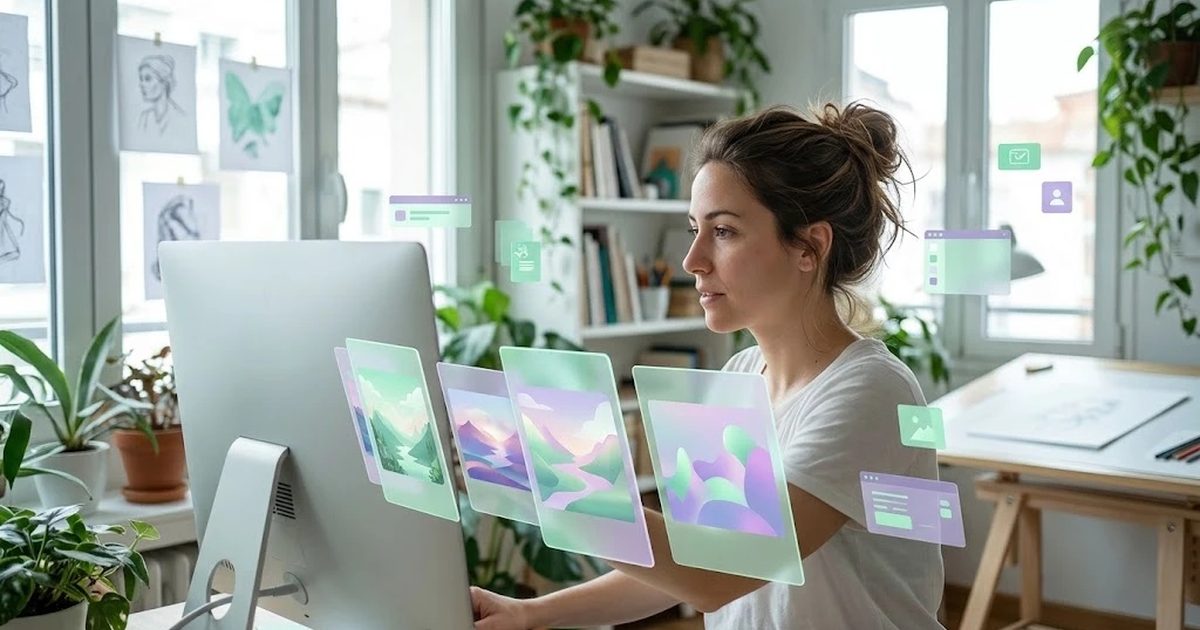 Ilustradora comparando en una pantalla grande varias imágenes generadas con distintas herramientas de IA