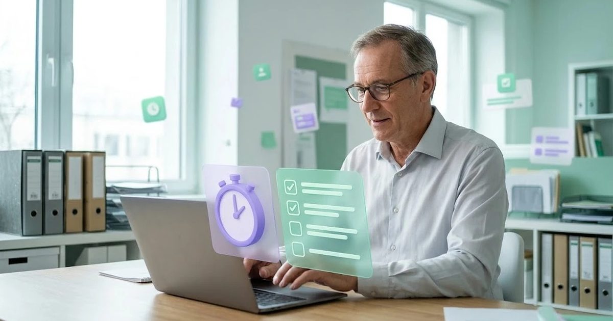 Persona probando una herramienta de IA con un cronómetro y una lista de comprobación flotando