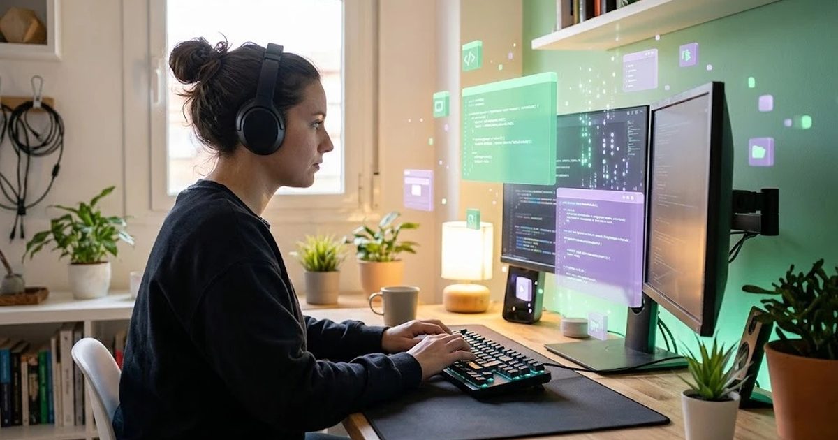 Programadora trabajando con código y un asistente de IA representado por líneas de código luminosas