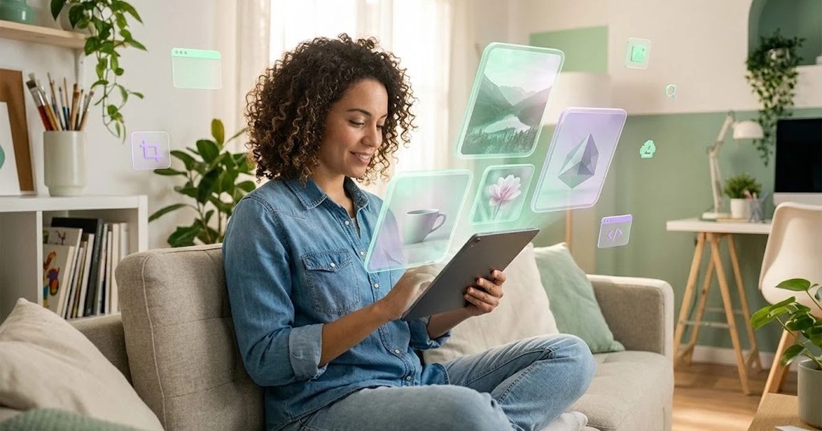 Diseñadora generando imágenes con IA en su tableta mientras varias ilustraciones aparecen flotando