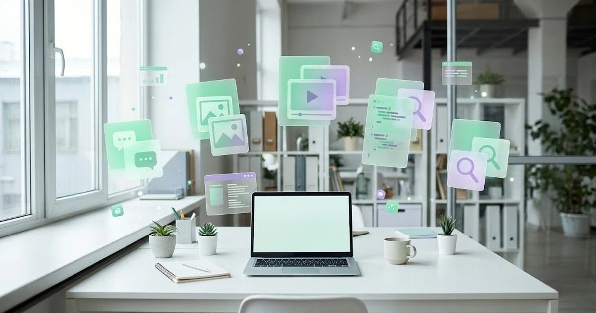 Espacio de trabajo con muchas herramientas de IA representadas como tarjetas flotantes organizadas por categorías