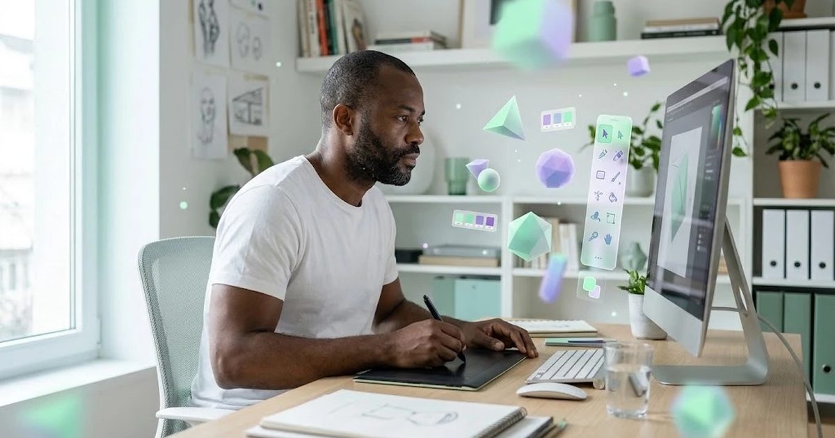 Diseñador gráfico trabajando en un monitor grande con formas y paletas de color flotando