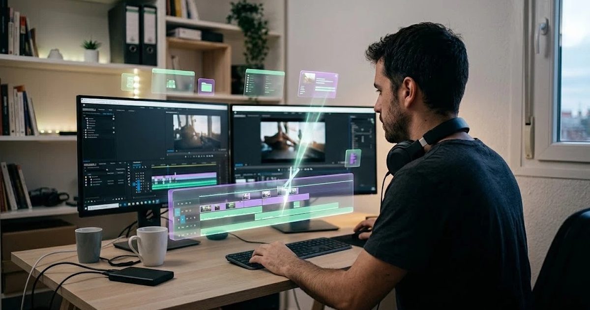 Editor de vídeo trabajando con una línea de tiempo que flota sobre su mesa