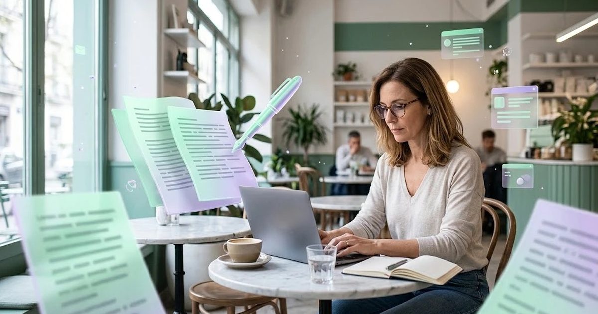 Redactora escribiendo en su portátil con páginas y bolígrafos translúcidos flotando alrededor
