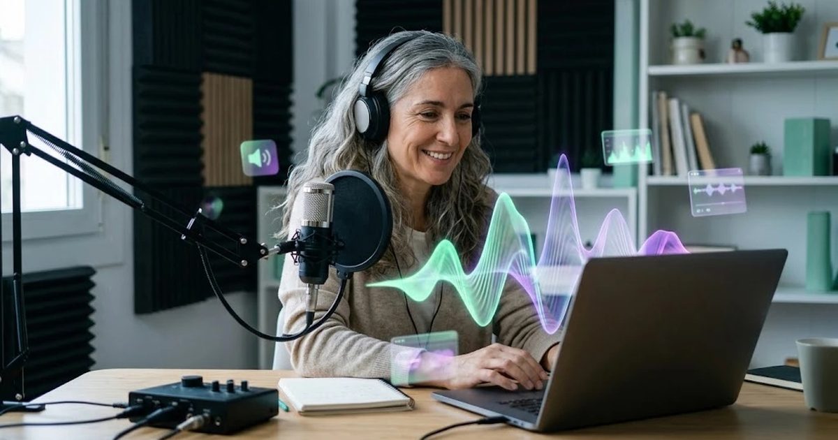 Locutora en un estudio casero con micrófono y ondas de voz flotando hacia el portátil