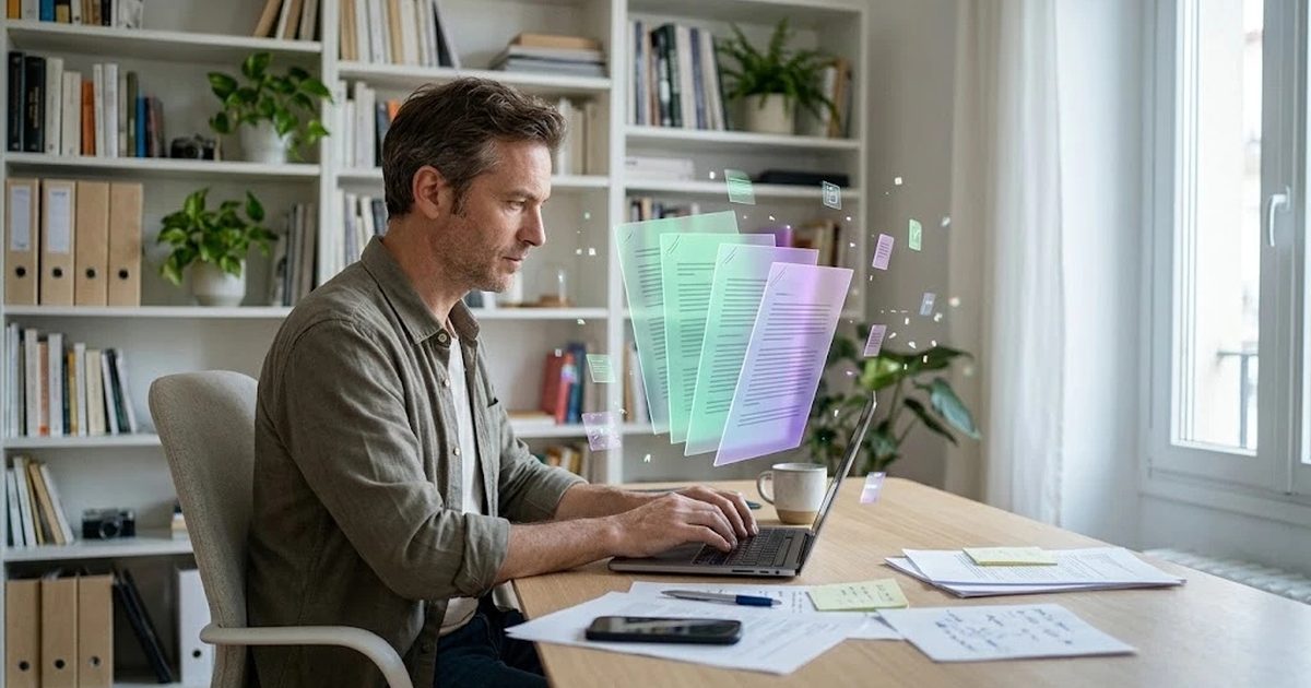 Escritor trabajando con un documento largo en un portátil junto a una ventana, con páginas translúcidas flotando