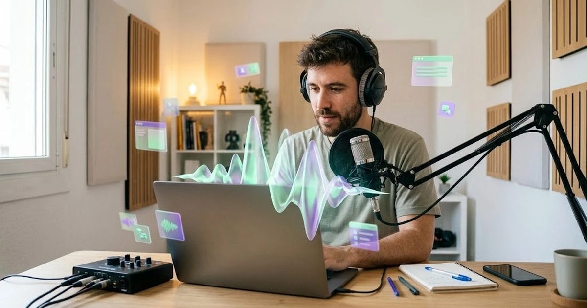 Creador de contenido en un pequeño estudio de grabación escuchando con auriculares una voz generada con IA
