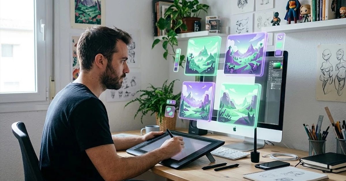 Diseñador de concept art revisando en una tableta gráfica una ilustración generada con IA en su estudio