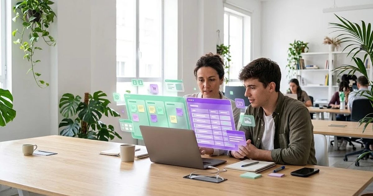 Equipo pequeño organizando proyectos en un espacio de trabajo digital con paneles y notas flotando
